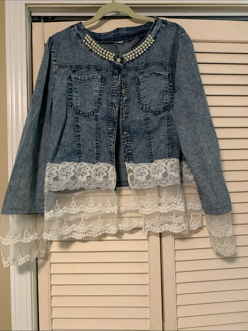 Denim Jacket with Pearl Collar & White Lace Trim. Handmade , lightweight